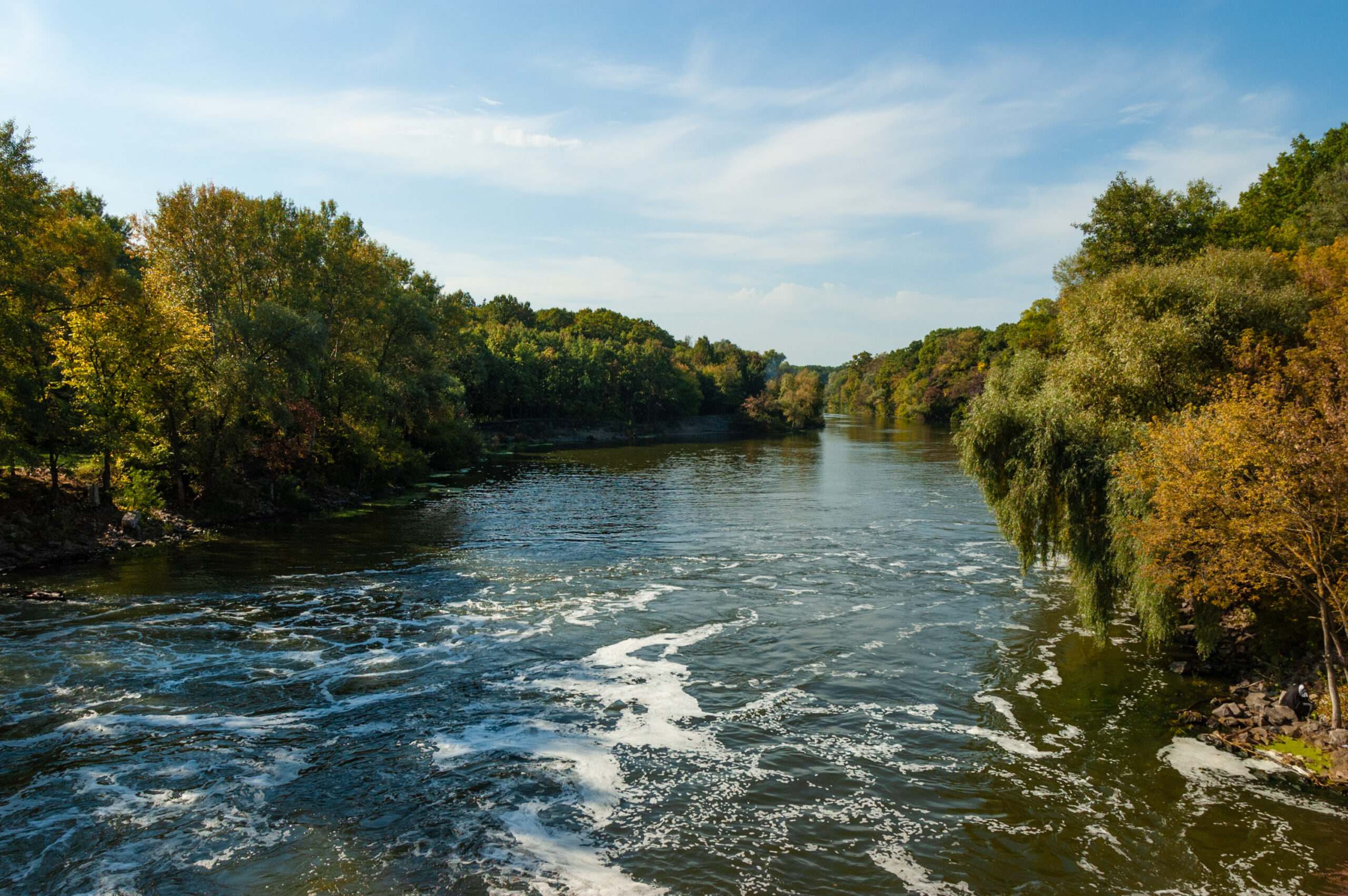 Scenic panorama of river flowing between the banks overgrown with green trees on a sunny and clear summer day. The concept of protected places and outdoor recreation. Advertising space